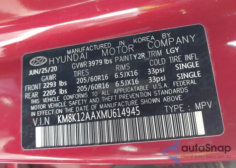 2021 Hyundai Kona Se from USA, damaged, VIN KM8K12AAXMU614945